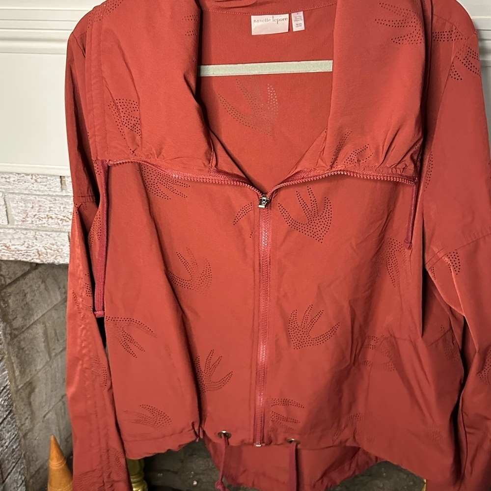 Nanette Lepore Red Utility Jacket with Gathered Waist and perforated dove print